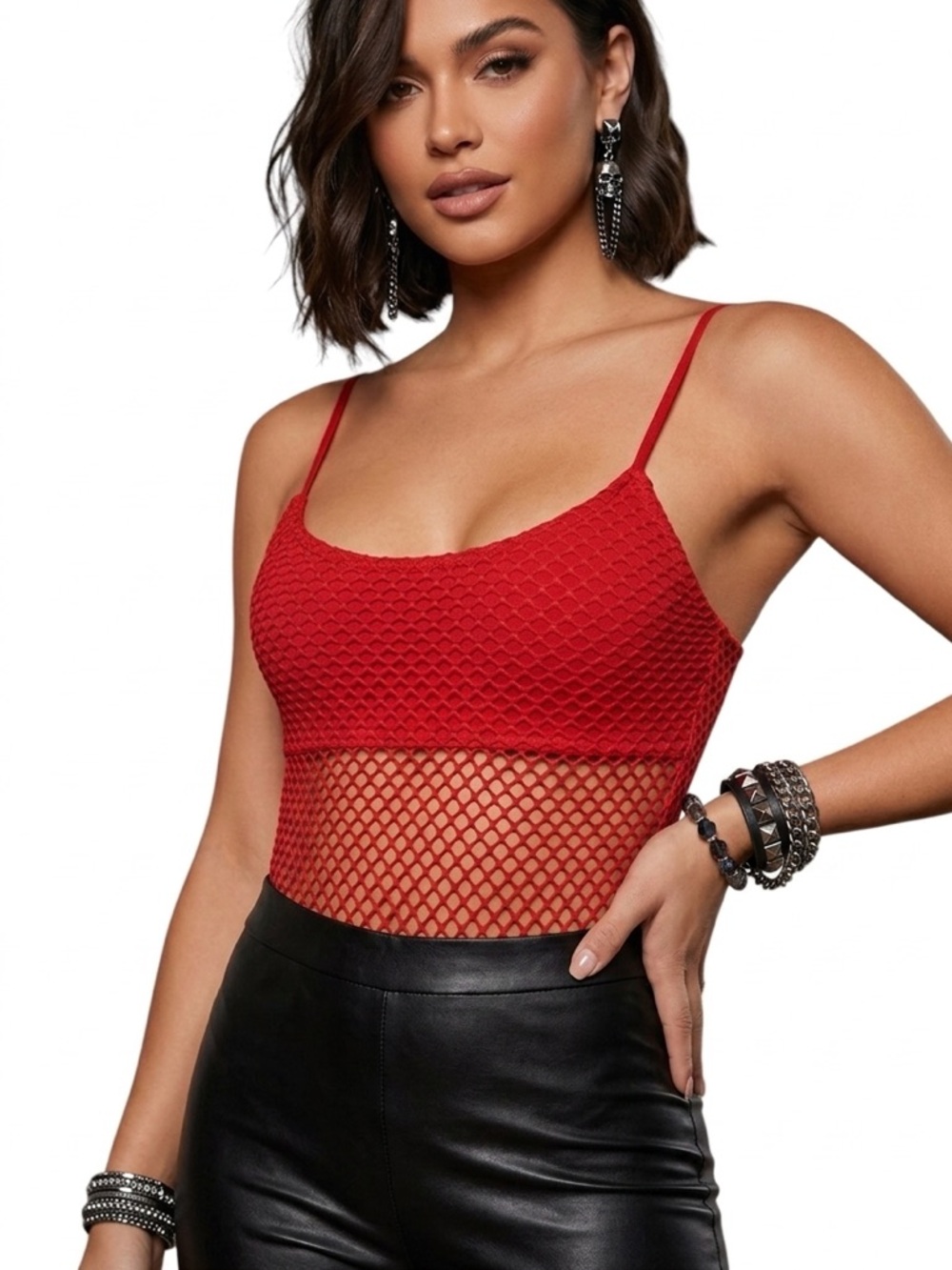 Mistress Rocks  "Assume" Red Mesh fishnets cut-Out edgy Bodysuit Medium